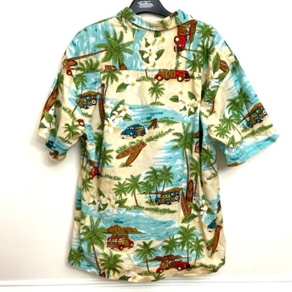 Vtg KY's Hawaiian Shirt Men's L Tropical Wood Panel Cars Surf Boards Palm Trees - Picture 2 of 7